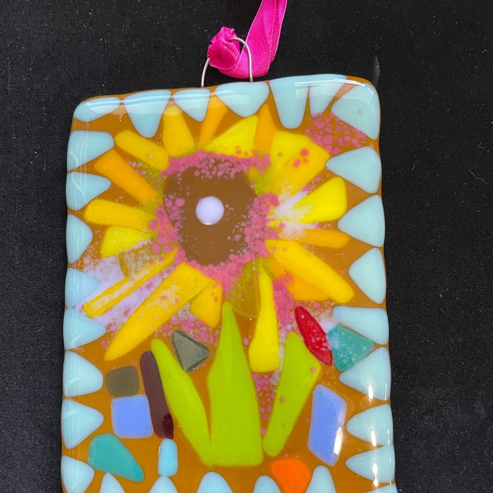 “Sunflower On Amber “Fused Art Glass Handmade HangingPlaque 6.5”x5”Original